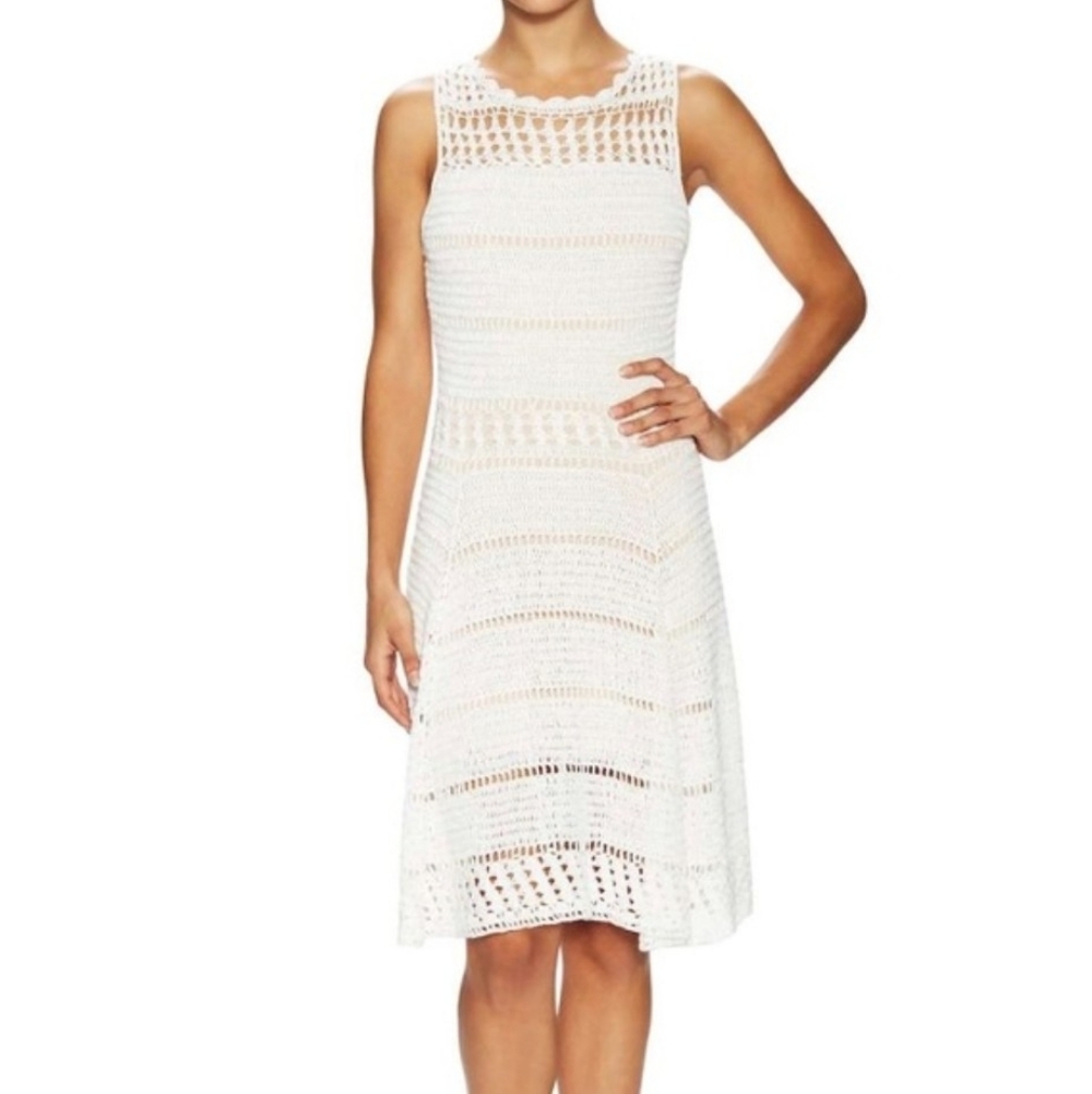 Alice + Olivia Cream Crochet Knit Sleeveless Dress Linen Blend Size Small